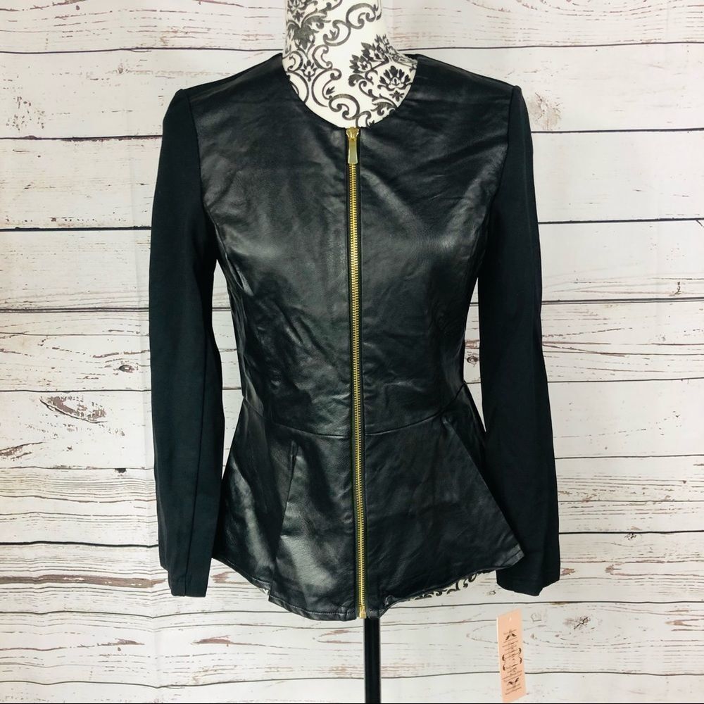 Nanette Lepore Faux Leather Peplum Jacket Black Gold Zipper 0 2